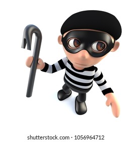 3d Render Of A Funny Cartoon Burglar Thief Character Holding A Crowbar