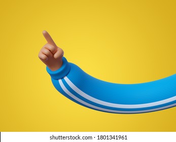 3d Render, Funny Cartoon Character Hand In Blue Sleeve With White Stripes, Finger Pointing Up, Clip Art Isolated On Yellow Background. Attention Concept