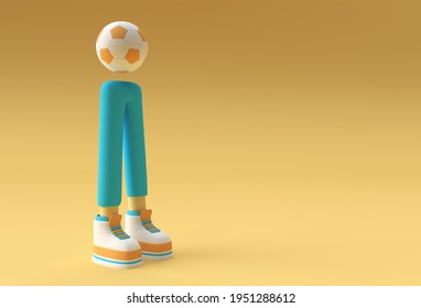 3d Render, Funny Cartoon Character Sportsman, Legs With Football Background Design.