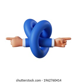 3d render, funny cartoon character boneless flexible hands show directions. Hand gesture icon. Recommendation concept, business clip art isolated on white background