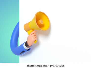 3d render, funny cartoon character hand in blue sleeve, hand with megaphone to blank banner with copy space, white background. Advertisement poster mockup, attention concept