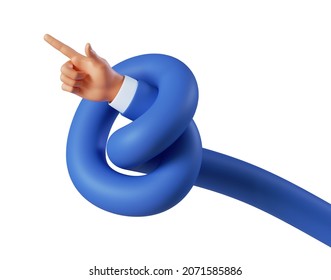 3d Render, Funny Cartoon Character Knotted Hand Shows Direction With Pointing Finger. Attention Concept. Business Clip Art Isolated On White Background