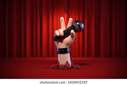 3d render, funny cartoon character elastic hand with mic. Broken floor on stage. Clip art isolated on red background - Powered by Shutterstock