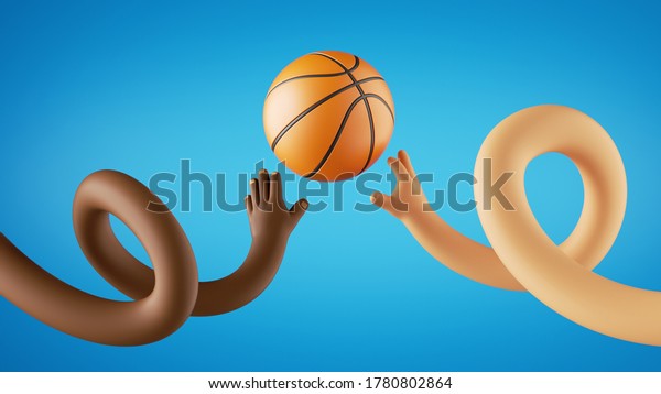 3dレンダリング おかしな漫画のキャラクターがバスケットボールゲーム アフリカと白人の手投げボールを行います 青の背景にスポーツクリップアート の イラスト素材