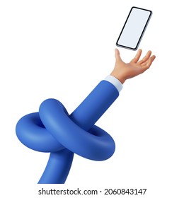 3d Render, Funny Cartoon Flexible Knotted Hand Shows Smartphone With Blank Screen. Wireless Technology Concept. Business Clip Art Isolated On White Background