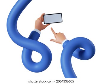 3d render, funny cartoon flexible tangled hands hold smartphone with blank screen. Business clip art isolated on white background