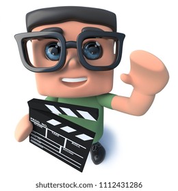 3d Render Of A Funny Cartoon Nerd Geek Character Holding A Movie Maker Film Slate