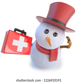 3d Render Of A Funny Cartoon Snowman Wearing A Top Hat And Holding A First Aid Medics Medical Kit