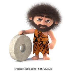 3d render of a funny caveman standing proudly with his stone wheel.