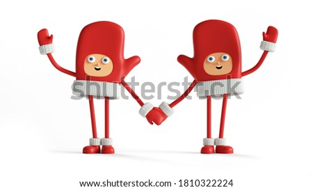 3d render, funny christmas characters holding hands. Red mittens with hands and legs standing together. Festive clip art isolated on white background