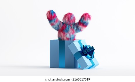 3d render, funny colorful furry monster jumps out the big gift box, Yeti cartoon character celebrating birthday holiday. Festive party clip art isolated on white background