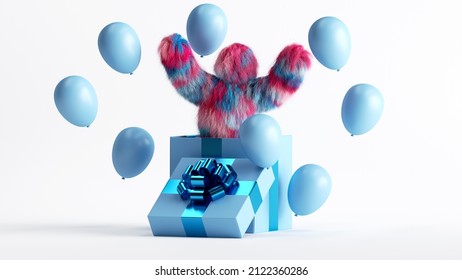 3d Render, Funny Colorful Hairy Monster Jumps Out The Big Gift Box, Flying Air Balloons, Yeti Cartoon Character Celebrating Birthday Party. Festive Clip Art Isolated On White Background