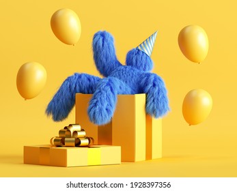 3d Render, Funny Hairy Blue Monster Sits Inside The Big Gift Box, Flying Air Balloons, Yeti Cartoon Character Celebrating Birthday Party. Festive Clip Art Isolated On Yellow Background