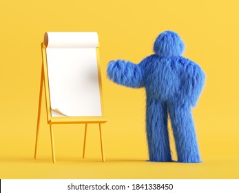 3d render. Funny hairy yeti toy, blue monster stands near the presentation easel board. Blank business mockup. Conference speaker concept. Clip art isolated on yellow background