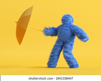 3d Render, Funny Yeti Cartoon Character Holds Umbrella And Resists The Wind. Stormy Weather Concept. Funny Toy, Hairy Blue Monster Clip Art Isolated On Yellow Background