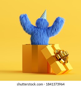 3d Render, Funny Yeti Cartoon Character Jumps Out The Big Gift Box With Air Balloons, Hairy Blue Monster Celebrating Birthday Party. Festive Clip Art Isolated On Yellow Background