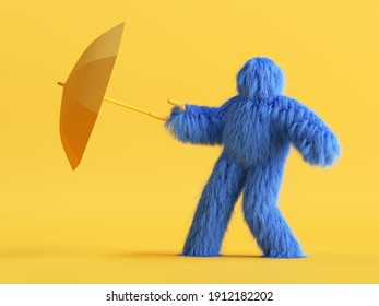 3d render, funny Yeti cartoon character dancing with umbrella. Funny toy, hairy blue monster clip art isolated on yellow background