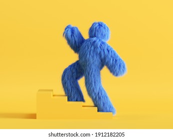 3d render, funny Yeti cartoon character goes upstairs the simple steps. Success concept. Funny toy, hairy blue monster clip art isolated on yellow background