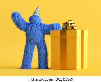 3d render, funny Yeti cartoon character stands near the big gift box, hairy blue monster celebrating birthday party. Festive clip art isolated on yellow background