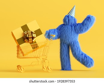 3d render, funny Yeti cartoon character goes with gift box inside the shopping cart, hairy blue monster celebrating birthday party. Sale concept. Festive clip art isolated on yellow background