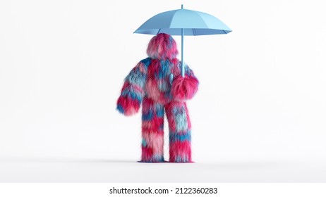 3d render, funny Yeti cartoon character stands under blue umbrella, rainy weather. Funny toy, hairy colorful monster clip art isolated on white background