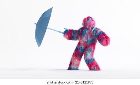 3d render, funny Yeti cartoon character goes with umbrella, windy weather. Funny toy, hairy colorful monster clip art isolated on white background