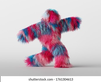 3d Render, Furry Beast Cartoon Character Walking Or Dancing, Isolated On White Background, Active Posing. Fluffy Toy. Colorful Pink Blue Hairy Monster