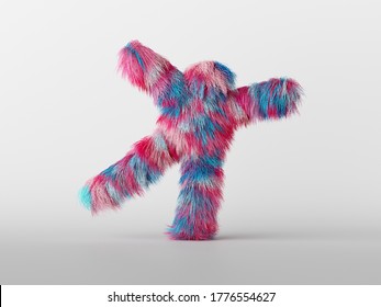 3d Render, Furry Beast Cartoon Character Isolated On White Background, Happy Active Pose. Colorful Pink Blue Hairy Monster Dancing, Standing Hands Up. Person Wearing Mascot Costume