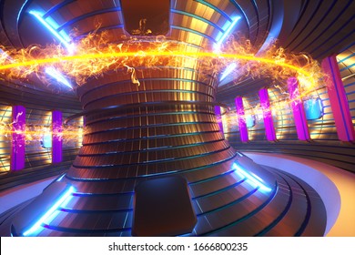 3D Render Fusion Reactor Nuclear Fusion, Tokamak Inside Heated Plasma, Toroidal Shape, Clean Energy. Copy Space.