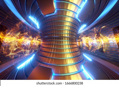 3D Render Fusion Reactor Nuclear Fusion, Tokamak Inside Heated Plasma, Toroidal Shape, Clean Energy. Copy Space.