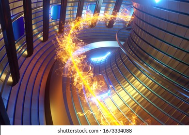 3D Render Fusion Reactor Nuclear Fusion, Tokamak Inside Heated Plasma, Toroidal Shape, Clean Energy. Copy Space.