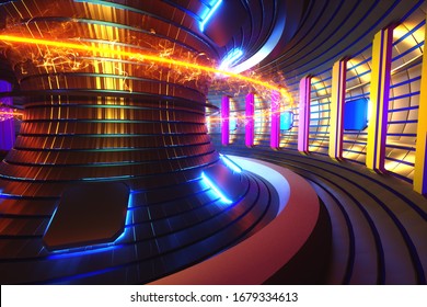 3D Render Fusion Reactor Nuclear Fusion, Tokamak Inside Heated Plasma, Toroidal Shape, Clean Energy. Copy Space.