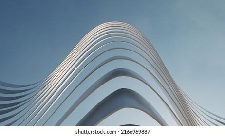 3d Render Futuristic Architecture Background Metallic Stripes Of Building Facade