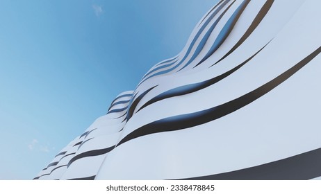 3d render futuristic architecture background metallic stripes of building facade