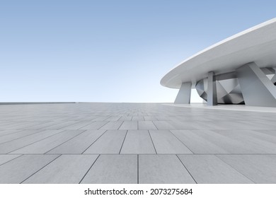 3d Render Of Futuristic Architecture With Empty Concrete Floor, Car Presentation.