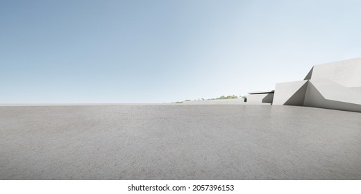 3d Render Of Futuristic Concrete Architecture With Car Park, Empty Cement Floor.