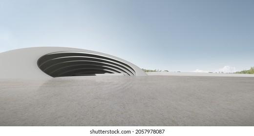 3d Render Of Futuristic Concrete Architecture With Car Park, Empty Cement Floor.