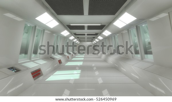 3d Render Futuristic Hall Spaceship Interior Stock