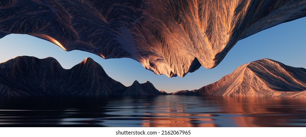 3d render  futuristic landscape and cliffs   water  Modern minimal abstract background  Spiritual zen wallpaper and sunset sunrise light