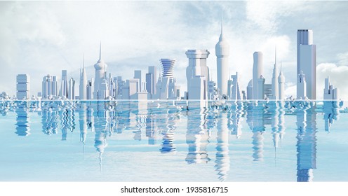 3D Render Of Futuristic Modern Capital City With Skyscrapers And Beautiful Sky. Future Happy City Concept, Business And Residential Idea 