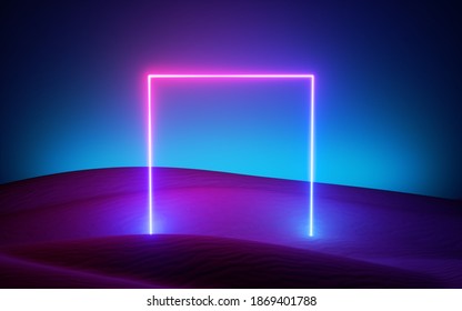 3d Render, Futuristic Neon Background, Pink Blue Square Frame Glowing In The Desert Under The Night Sky. Terrain Landscape In Ultraviolet Spectrum