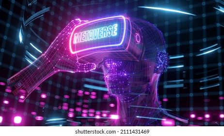 3D render, futuristic neon background. Visualization of a man wearing virtual reality glasses, electronic head device. User interface. Player one ready for the game in cyber space