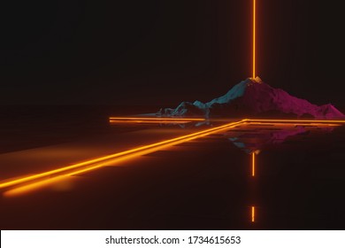 3d render, futuristic night scene. Path way to the mountain. orange, blue and purple filter color. 