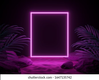 3d render futuristic scene of night beach with tropical leaves and neon light. Cyberpunk poster. Night party banner. Party invitation, beach party. 3d illustration.  - Powered by Shutterstock