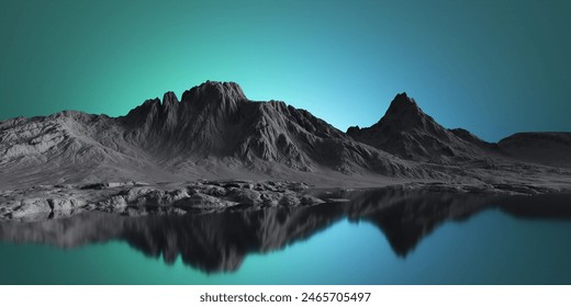 3d render of futuristic serene landscape with black rocky mountains reflecting in the calm water under the gradient sky. Wallpaper of peaceful nature scenery - Powered by Shutterstock