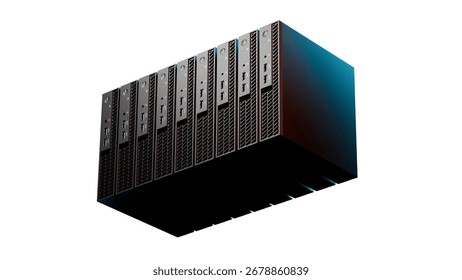 3D render of a futuristic server stack with blue illuminated accents isolated on a clean white background. Perfect technology visual for IT, datacenter and network infrastructure concepts.