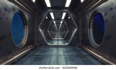 3d Render. Futuristic Spaceship Corridor Interior Design