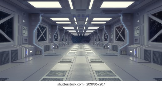 3d Render. Futuristic Spaceship Corridor Interior Design