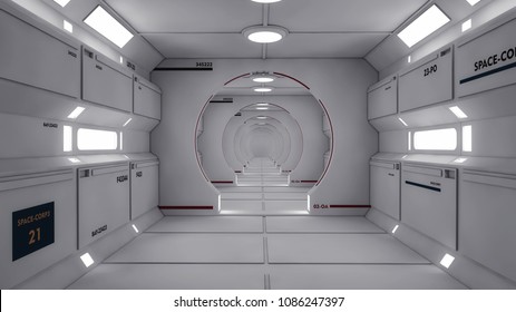 3D Render. Futuristic Spaceship Interior Corridor