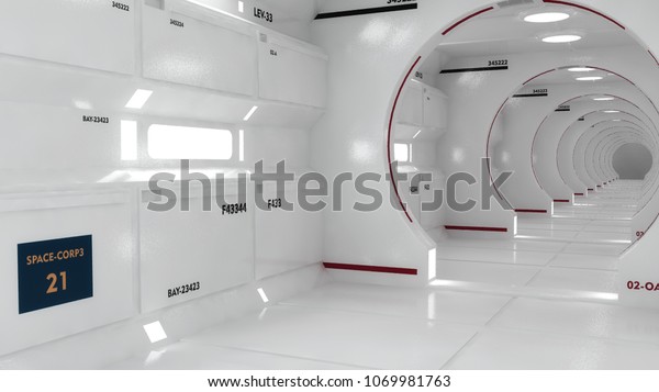 3d Render Futuristic Spaceship Interior Corridor Stock